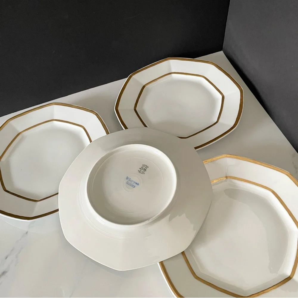 SET of 4 Gold & White Octagon Luncheon Plates - Guerin Limoges